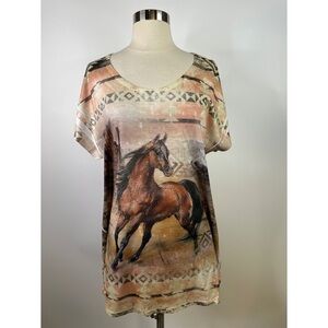 Big Bang Western Horse Print V-Neck Short Sleeve Tunic Top
